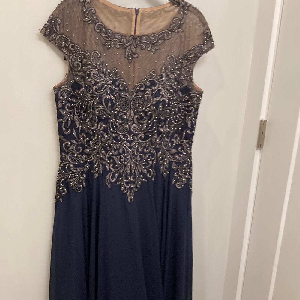 Navy Beaded Bodice Formal Dress.